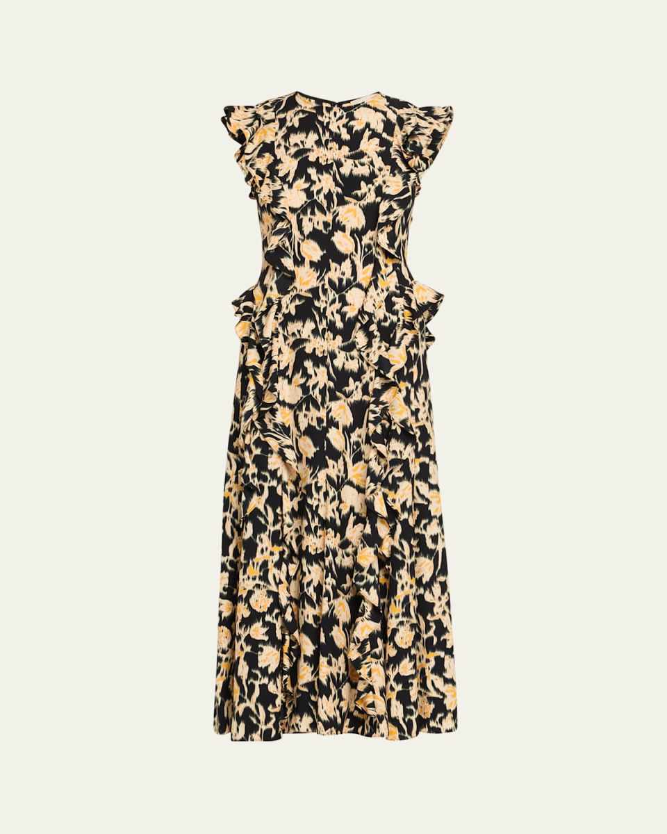 Flo Floral Flutter-Sleeve Midi Dress